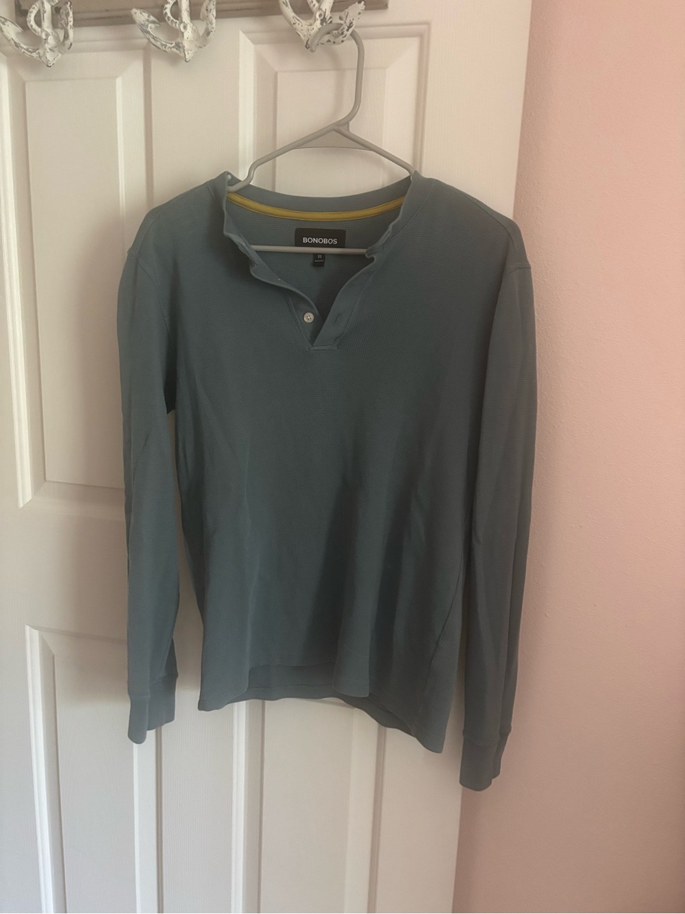 Bonobos Muted Slate Blue Long-Sleeve Henley with Yellow Neck Trim